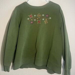 Green Embroidered Sweatshirt with Floral Decal
